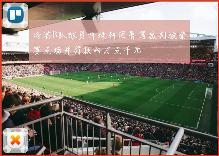 海港B队球员许瑞轩因辱骂裁判被禁赛五场并罚款两万五千元